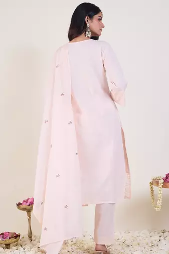 Pink embroidered pure cotton kurta trouser dupatta set