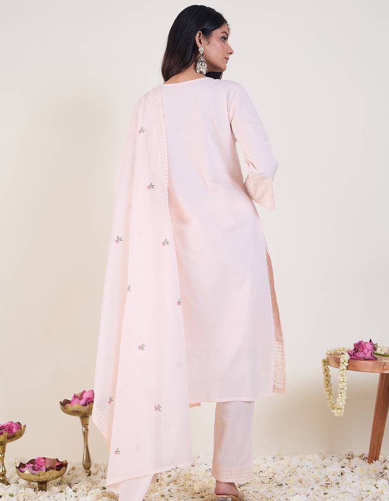 Pink embroidered pure cotton kurta trouser dupatta set