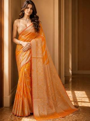 Orange woven design zari organza banarasi saree 1