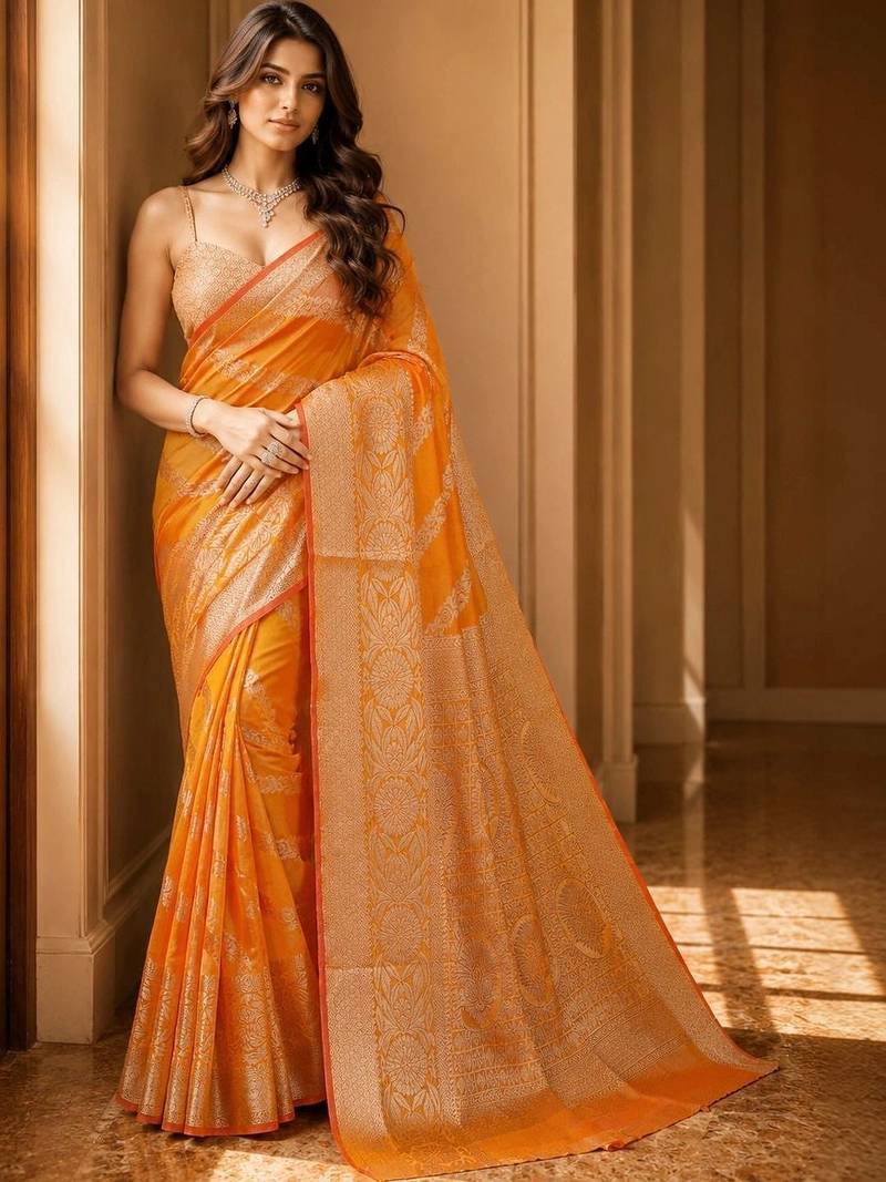 Orange woven design zari organza banarasi saree