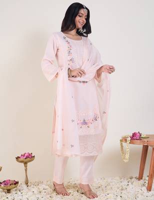 Pink embroidered pure cotton kurta trouser dupatta set 3