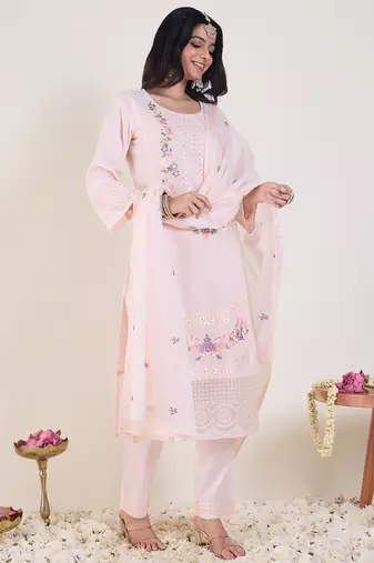 Pink embroidered pure cotton kurta trouser dupatta set