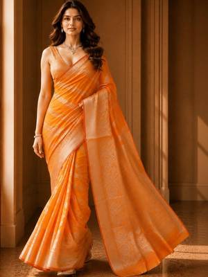 Orange woven design zari organza banarasi saree 2