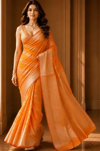 Orange woven design zari organza banarasi saree