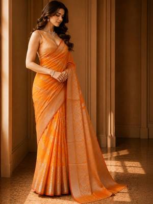 Orange woven design zari organza banarasi saree 4