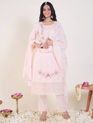Pink embroidered pure cotton kurta trouser dupatta set 4