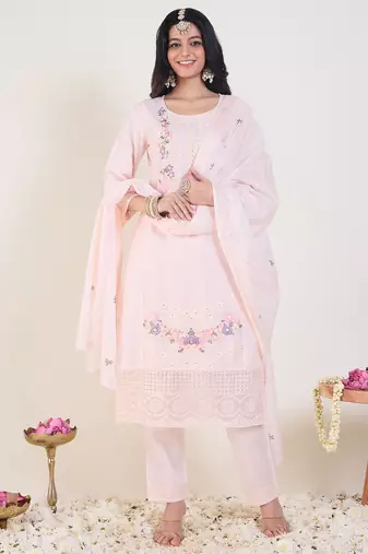Pink embroidered pure cotton kurta trouser dupatta set