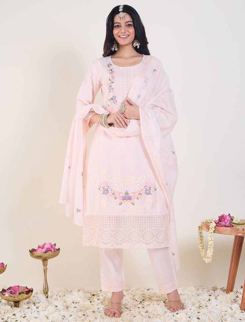 Pink embroidered pure cotton kurta trouser dupatta set