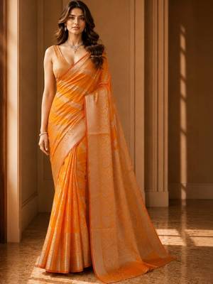 Orange woven design zari organza banarasi saree 5