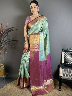 Blue woven design kanjeevaram sarees with unstitched blouse piece 1