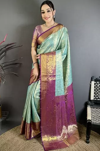 Blue woven design kanjeevaram sarees with unstitched blouse piece