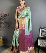 Blue woven design kanjeevaram sarees with unstitched blouse piece