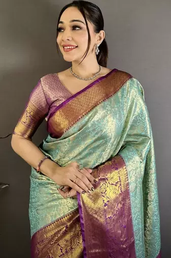 Blue woven design kanjeevaram sarees with unstitched blouse piece