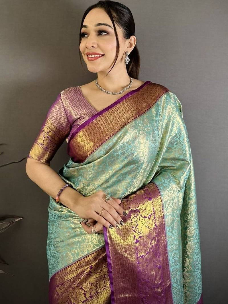 Blue woven design kanjeevaram sarees with unstitched blouse piece