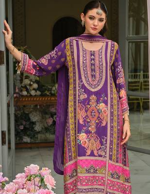 Purple printed pure silk kurta trouser dupatta set 1