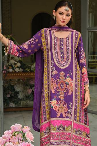 Purple printed pure silk kurta trouser dupatta set