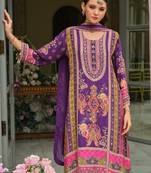 Purple printed pure silk kurta trouser dupatta set