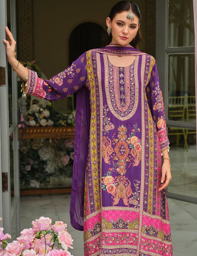 Purple printed pure silk kurta trouser dupatta set