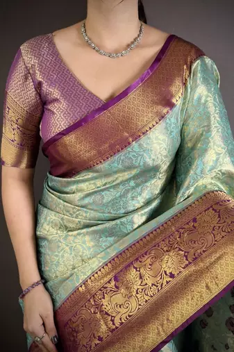 Blue woven design kanjeevaram sarees with unstitched blouse piece