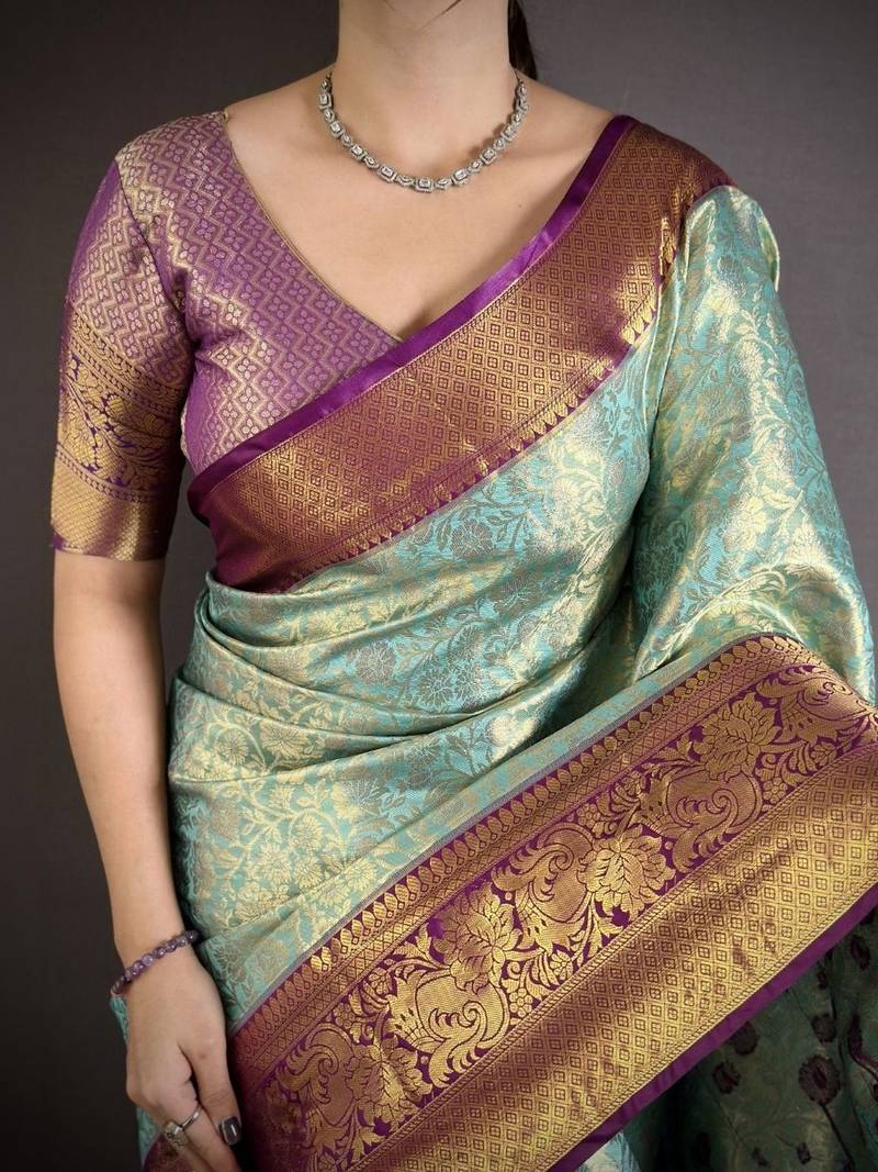Blue woven design kanjeevaram sarees with unstitched blouse piece