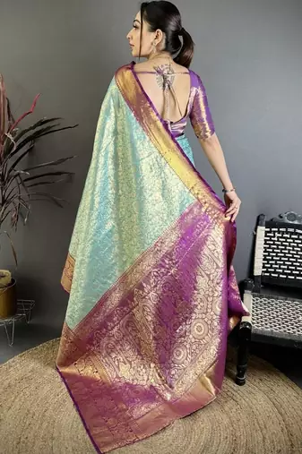 Blue woven design kanjeevaram sarees with unstitched blouse piece