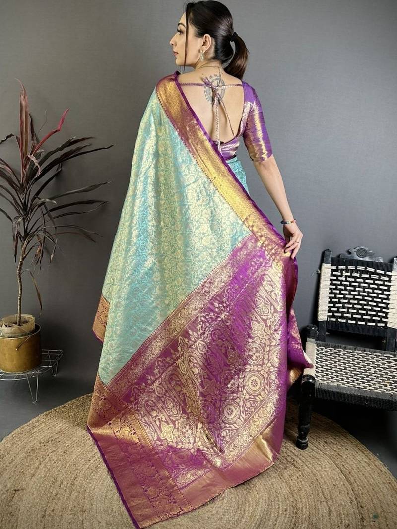 Blue woven design kanjeevaram sarees with unstitched blouse piece