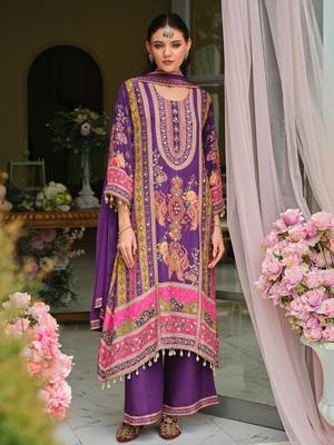 Purple printed pure silk kurta trouser dupatta set 2