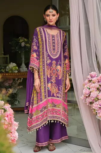Purple printed pure silk kurta trouser dupatta set