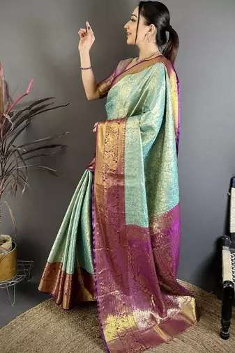 Blue woven design kanjeevaram sarees with unstitched blouse piece