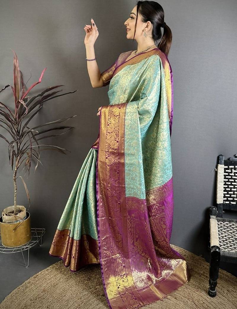 Blue woven design kanjeevaram sarees with unstitched blouse piece
