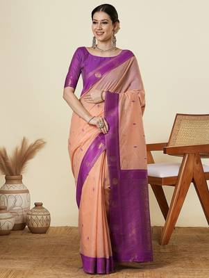 Peach ethnic motifs woven design zari maheshwari saree with unstitched blouse 1