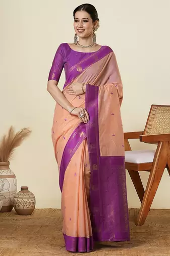 Peach ethnic motifs woven design zari maheshwari saree with unstitched blouse