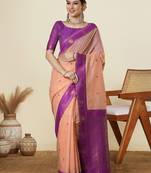 Peach ethnic motifs woven design zari maheshwari saree with unstitched blouse