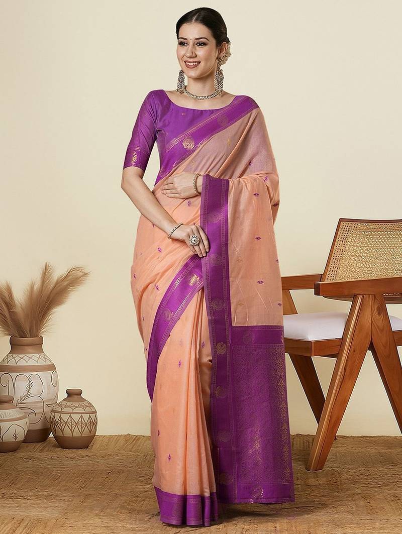 Peach ethnic motifs woven design zari maheshwari saree with unstitched blouse