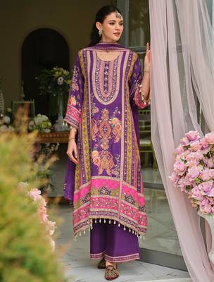 Purple printed pure silk kurta trouser dupatta set 3