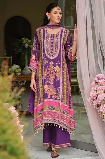Purple printed pure silk kurta trouser dupatta set