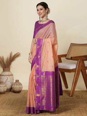 Peach ethnic motifs woven design zari maheshwari saree with unstitched blouse 2