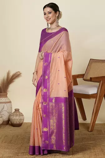 Peach ethnic motifs woven design zari maheshwari saree with unstitched blouse