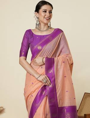 Peach ethnic motifs woven design zari maheshwari saree with unstitched blouse 3