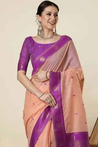 Peach ethnic motifs woven design zari maheshwari saree with unstitched blouse