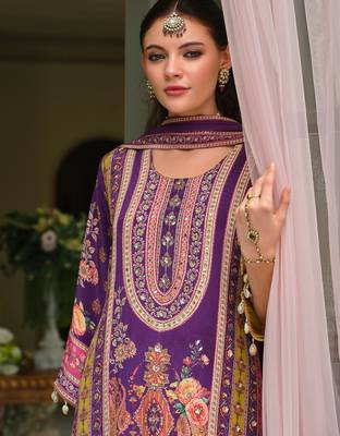 Purple printed pure silk kurta trouser dupatta set 4