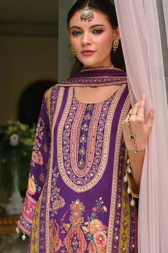Purple printed pure silk kurta trouser dupatta set