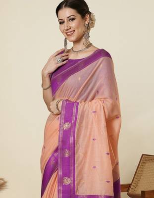 Peach ethnic motifs woven design zari maheshwari saree with unstitched blouse 4