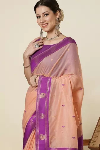 Peach ethnic motifs woven design zari maheshwari saree with unstitched blouse