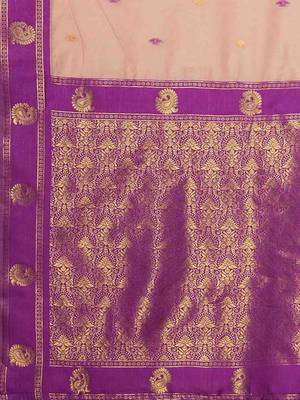 Peach ethnic motifs woven design zari maheshwari saree with unstitched blouse 5