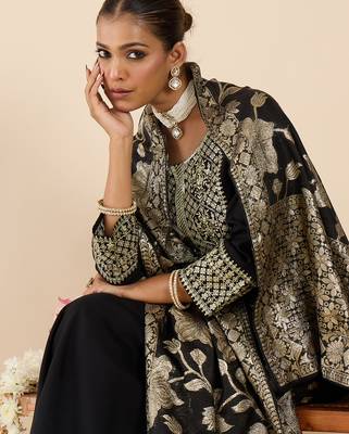 Black embroidered viscose rayon kurta trouser dupatta set 1
