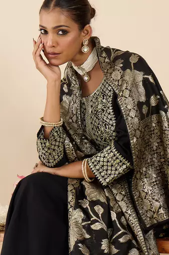 Black embroidered viscose rayon kurta trouser dupatta set