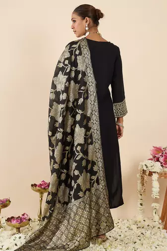 Black embroidered viscose rayon kurta trouser dupatta set
