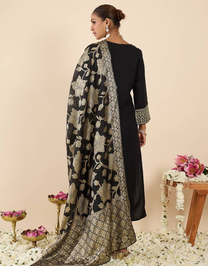 Black embroidered viscose rayon kurta trouser dupatta set