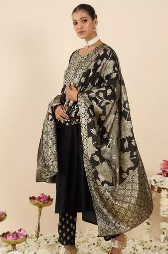 Black embroidered viscose rayon kurta trouser dupatta set